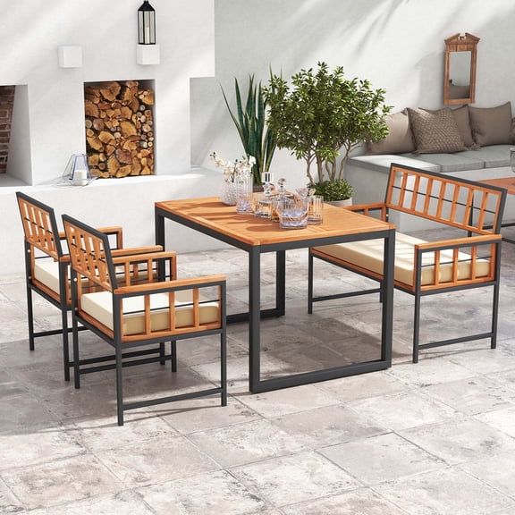Costway 4-Piece Acacia Wood Metal Polyester Adjustable Dining Furniture Set Beige