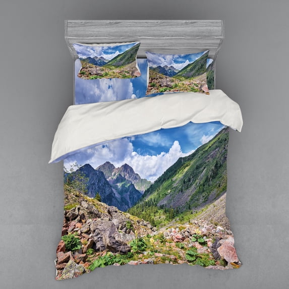 Ambesonne Landscape Bedding Set 4 Pcs, Mountain Wild Rhubarb, Queen, Multicolor