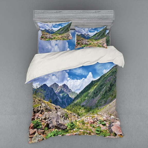 Ambesonne Landscape Bedding Set 4 Pcs, Mountain Wild Rhubarb, Queen, Multicolor