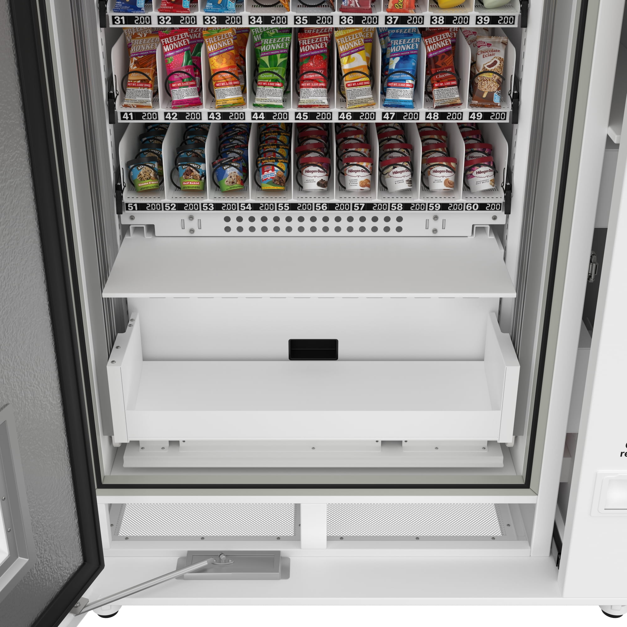 Freezer Ice Cream Vending Machine In White With 44 Slots Featuring Ample 49 Inch Touch Display, Bill Acceptor, Credit Card Reader, Wifi and 4G Connectivity