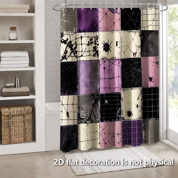 Hoease Purple Patchwork Spider Grid Halloween Shower Curtain, 71W x 71L Inch Waterproof Fabric Bathroom Curtain with 12 Hooks, Grunge Gothic Bath Decor
