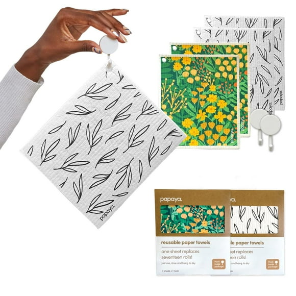 Papaya Reusable Paper Towels 4-Pack - 4 Sheets + 2 Hooks, 1 Sheet Replaces 17 Rolls, Quick Drying, No Odor, Washable Kitchen Cloth, Sustainable Dish Sponge, Eco Friendly Gift (The Wand