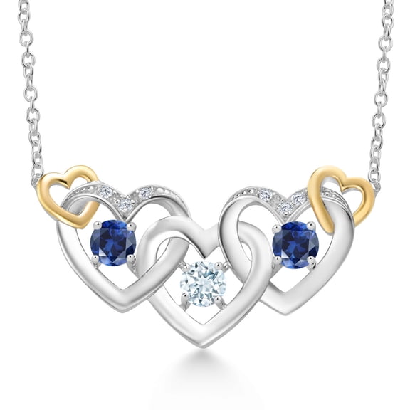 Gem Stone King 925 Silver and 10K Yellow Gold Sky Blue Aquamarine Blue Created Sapphire and White Lab Grown Diamond Heart Shape Pendant Necklace for Women (0.81 Cttw, with 18 inch Chain)