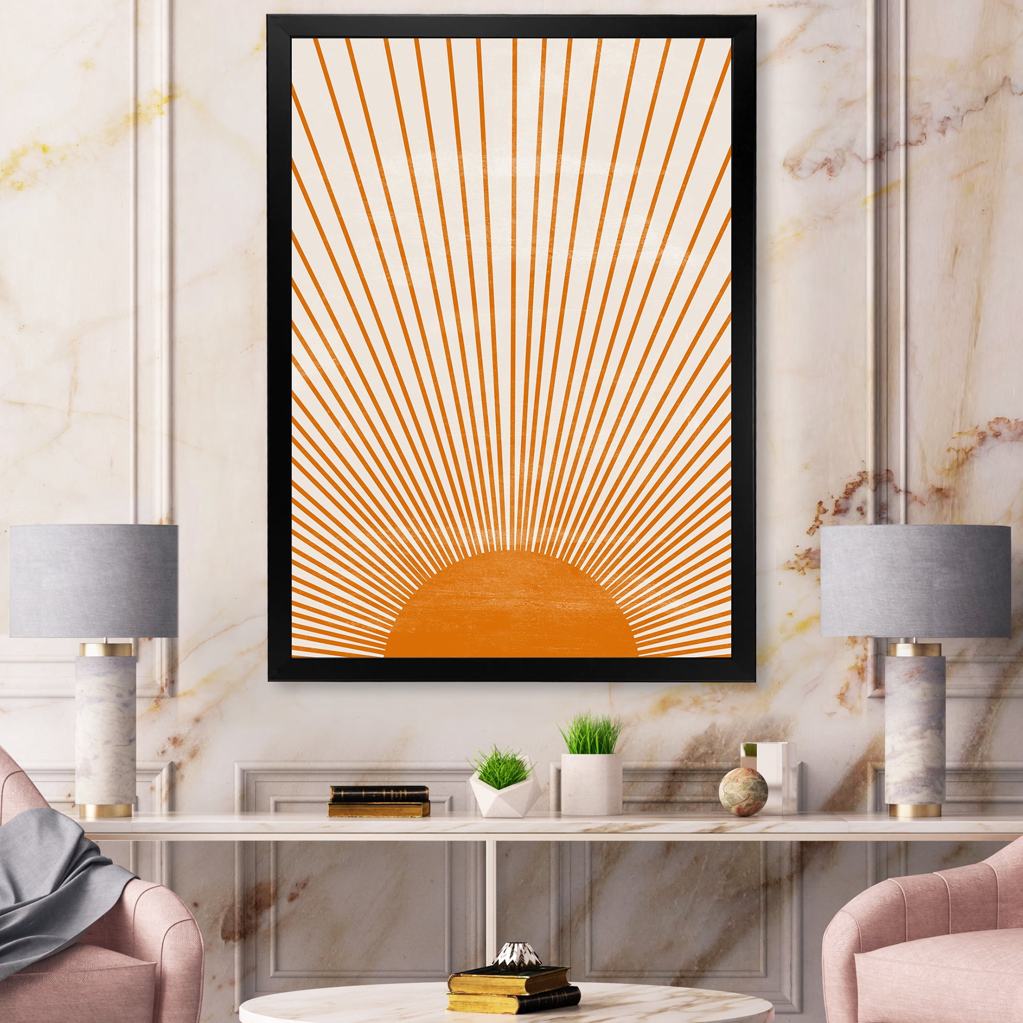 Designart 'Orange Sun Print On Beige III' Modern Framed Art Print