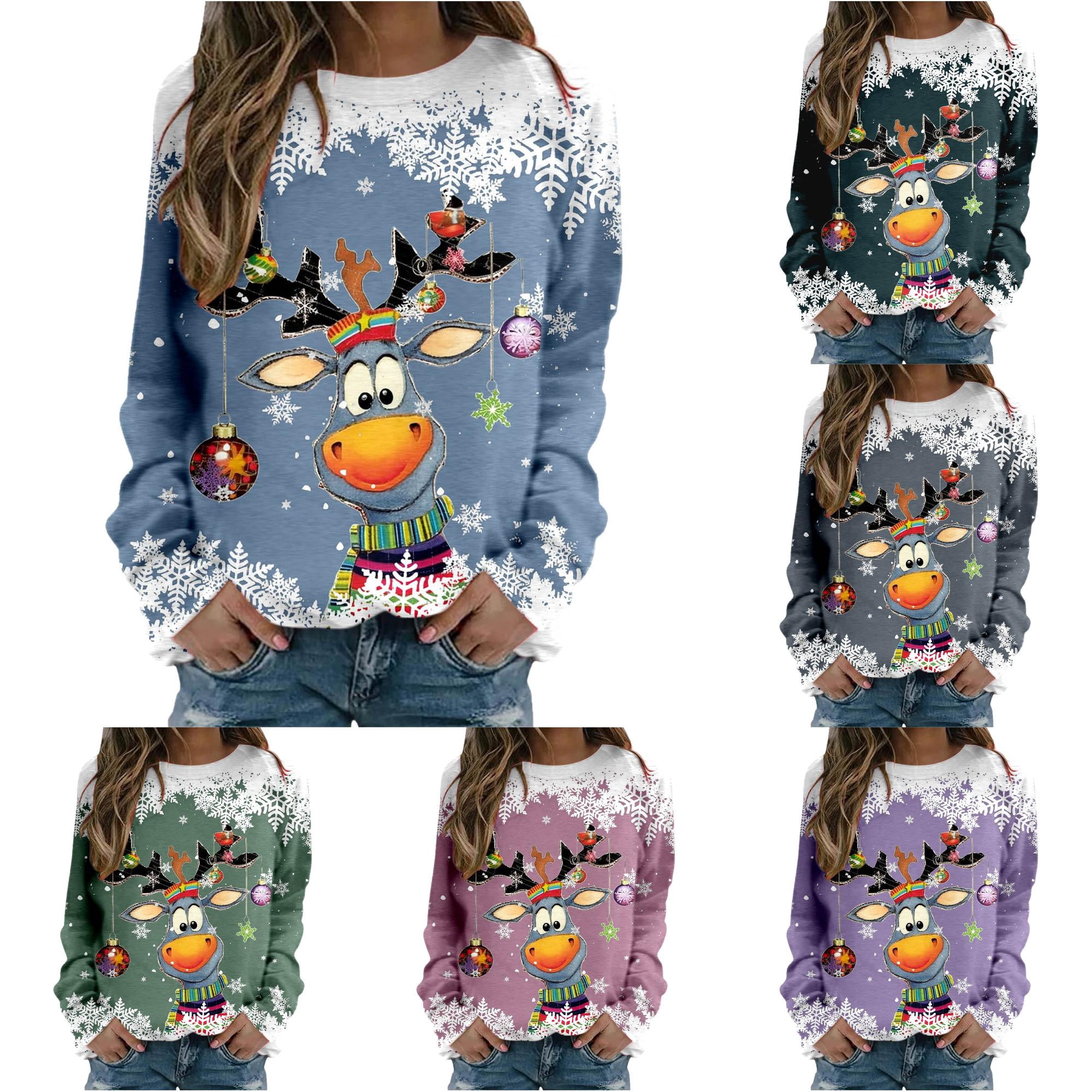 Christmas Gift for Adult Christmas Womens Hoodless Crewneck Ugly Christmas Sweatshirt Cute Reindeer Graphic Pullover Girls Fashion Long Sleeve Winter Xmas Party Casual Soft Knit Tunic Top Blue S
