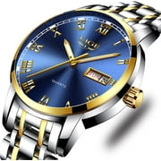 LIGE Watches Mens Fashion Waterproof Stainless Steel Analogue Quartz Watch Gents Luxury Business Dress Wrist Watch for Men 1 gold blue