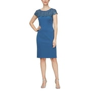 Alex Evenings Short Sheath Dress with Embroidered Illusion Neckline (Womens, Vintage Blue, 16)