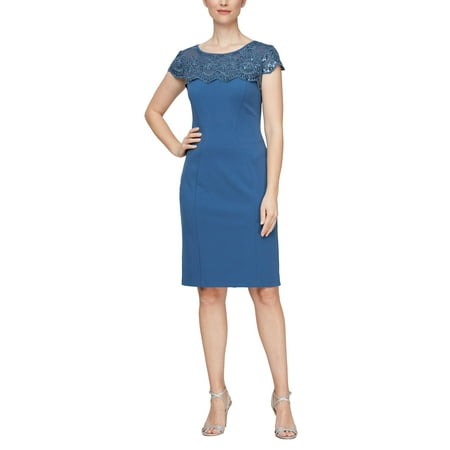 Alex Evenings Short Sheath Dress with Embroidered Illusion Neckline (Womens, Vintage Blue, 16)
