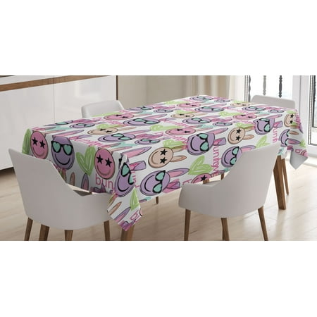 

Emoji Tablecloth Colorful Easter Feelings Bunny Pattern with Sunglasses and Starry Eyes Rectangular Table Cover for Dining Room Kitchen Decor 60 X 84 White Soft Pink and Peach by Ambesonne