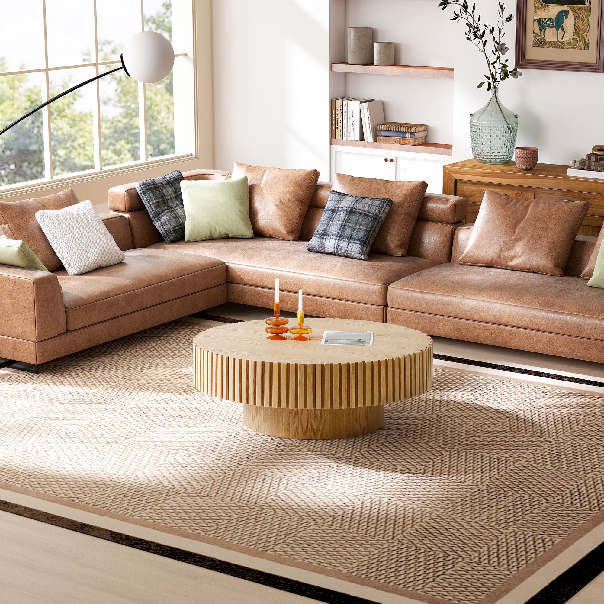 Muumblus 39.37" Large Round Wood Coffee Table, Modern Unique Fluted Accent Center Table for Living Room, Natural Ash