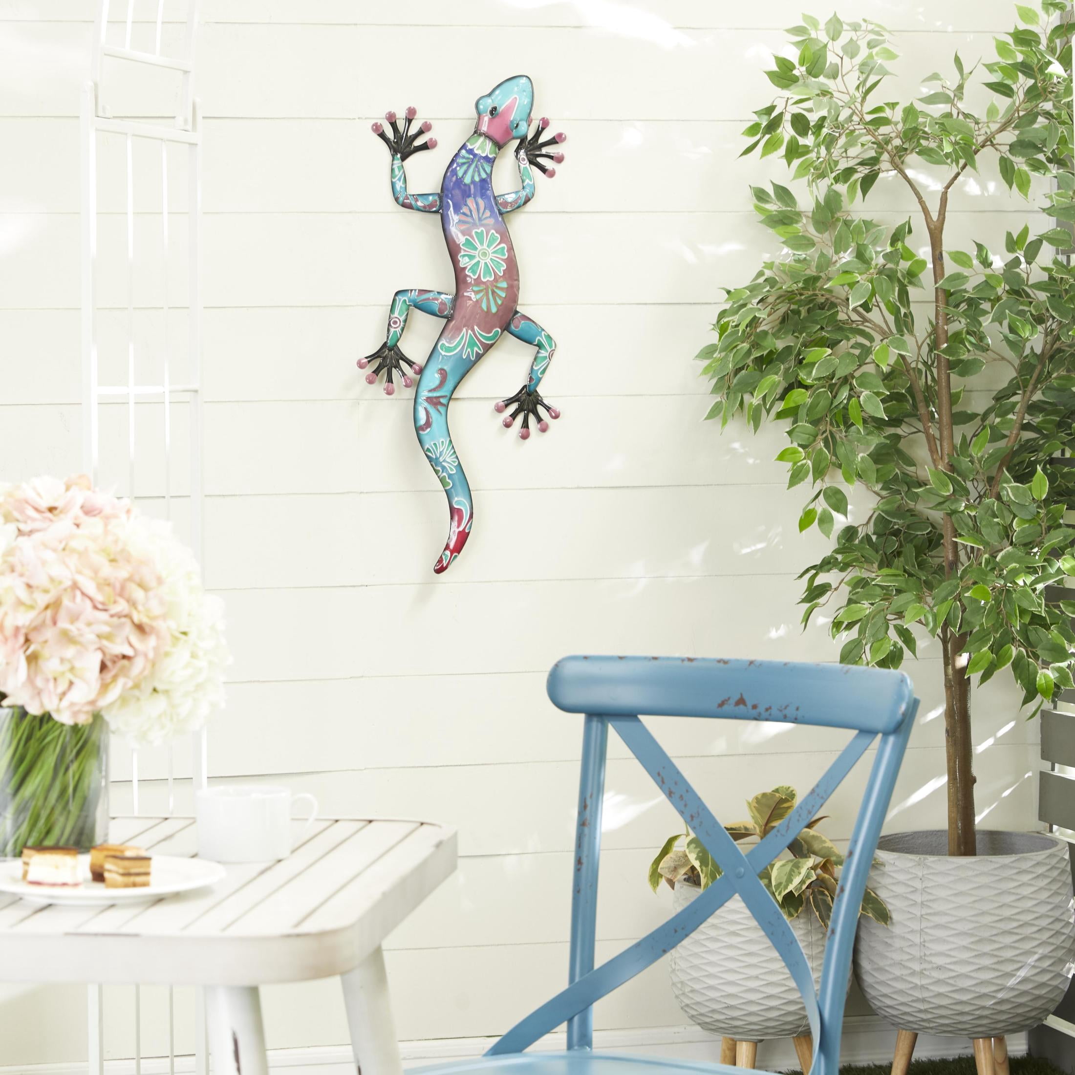 DecMode Blue Metal Indoor Outdoor Floral Patterned Lizard Wall Decor with Purple and Teal Accents