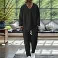 thumbnail image 2 of Nokdvo 2 Piece Set for Men Lightweight V Neck Baggy Jacquard Pullover Fall Winter Drawstring Solid Color Long Sleeve Casual Pullover Set with Pockets,Black M, 2 of 5