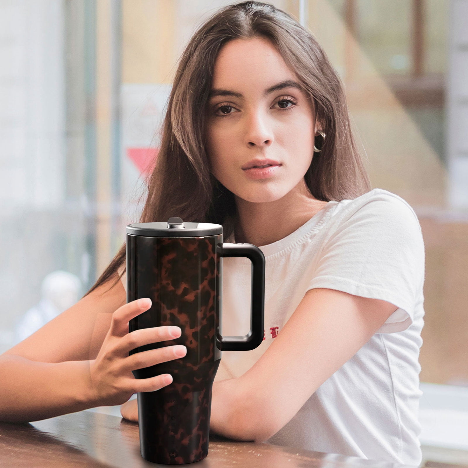 Tortoise Shell 40oz Traveler Handle Stainless Steel Large Capacity Thermos Cup Ergonomic Design Vacuum Insulated Leakproof Water Bottle Gifts for Women & Men.