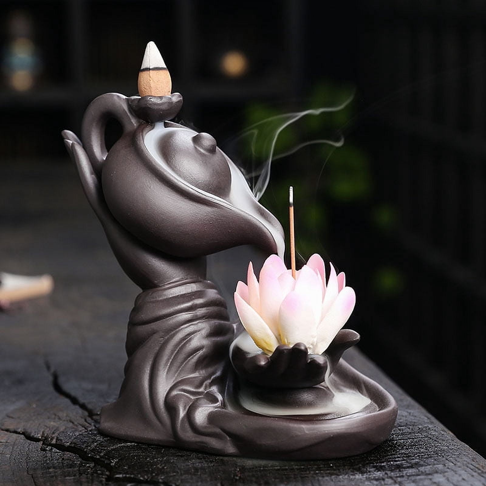 Buddha Hand Series Backflow Incense Burner Indoor Smoke Waterfall Incense Holder Creative Lotus Ceramic Incense Burner (White Lotus)