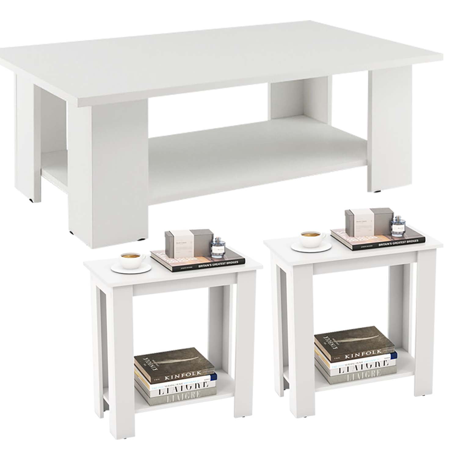 Demi Bonn 3-Piece Coffee Table Set with Storage Shelf, 36" Wooden Modern Coffee Table with Storage Shelf & Set of 2 Modern Compact End Table for Living Room, White