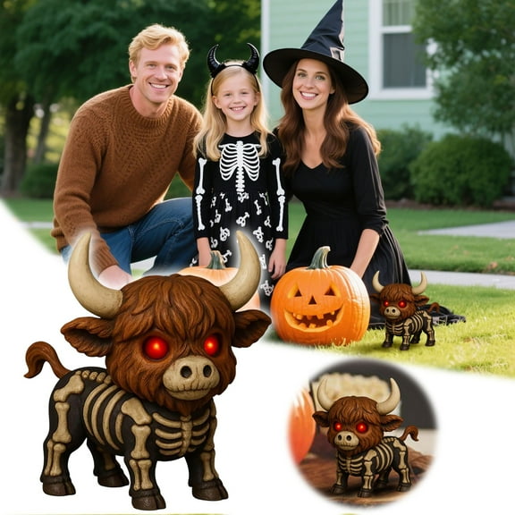 Skeleton Highland Cow Statue Spooky-Cute Halloween Decor Resin Skeleton Animal Figurine for Indoor Outdoor Home Garden Porch Lawn Yard Autumn Table Decor Halloween Party Supplies