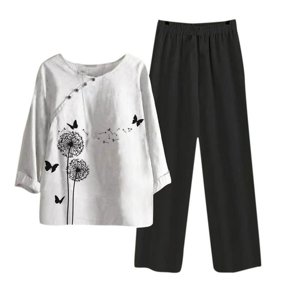 Baqcunre Sweatpants Women Women'S Casual Prints Button Shirt High Waist Loose Pocket Pant Two Piece Top And Bottom Set Workout Sets For Women Womens Pants White L