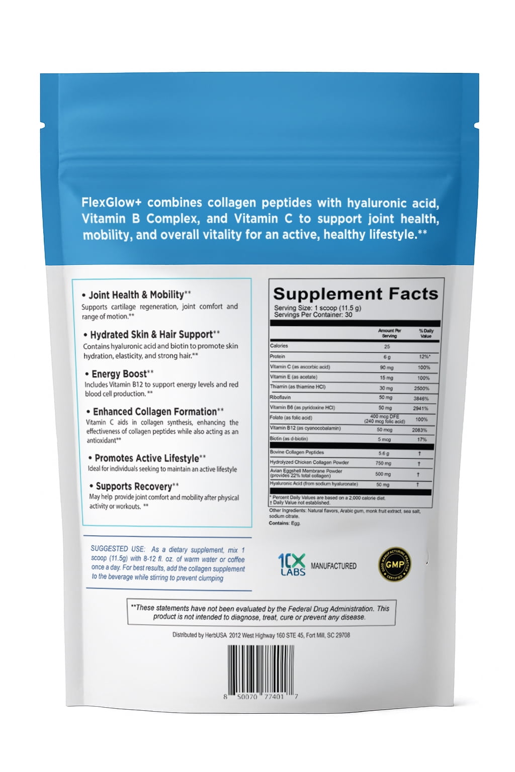 HerbUSA FlexGlow+ Collagen Peptides – Chocolate - Broad Spectrum (I, II, III, V, X) – 6,900mg – Hyaluronic Acid, Biotin & Vitamin C – Hair, Skin & Joint Support – 30 Servings (12.17oz)