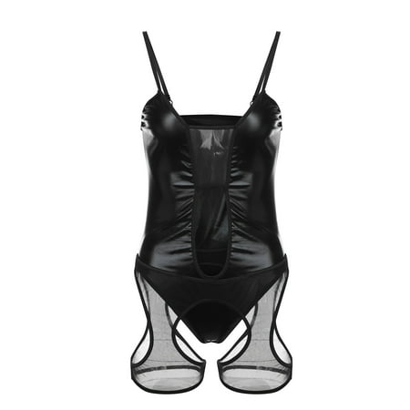 

sebulube Patent leather bodysuit plus size lingerie Leath New Jumpsuit Teddy Underwear Sleepwear Black/L