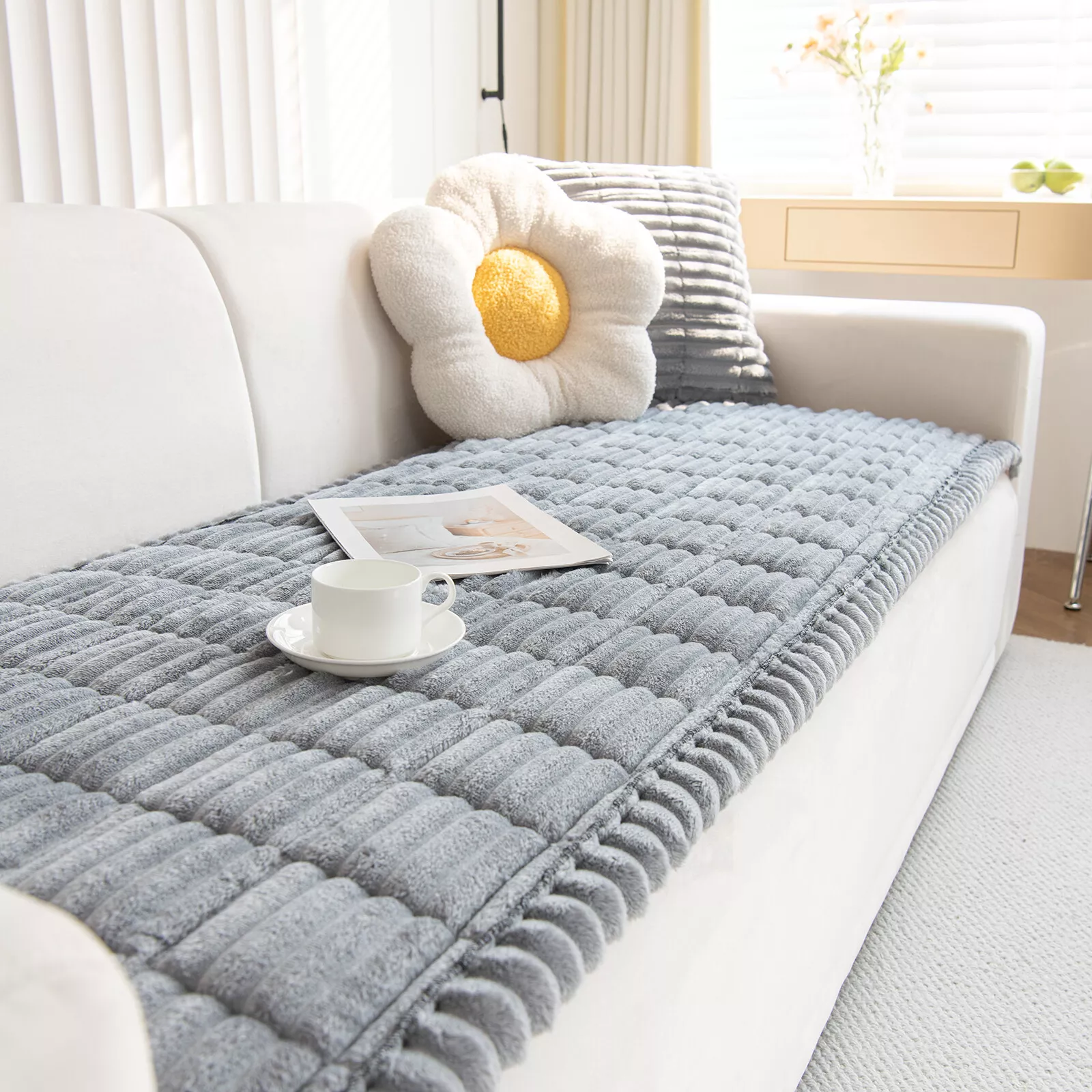 JIAN YA NA Anti Slip Couch Covers Sofa Mat, Thickened Corduroy Furniture Protector Mat, Washable Sofa Slipcover Dogs Pets Bed Pad (Light Gray, 90x210cm)
