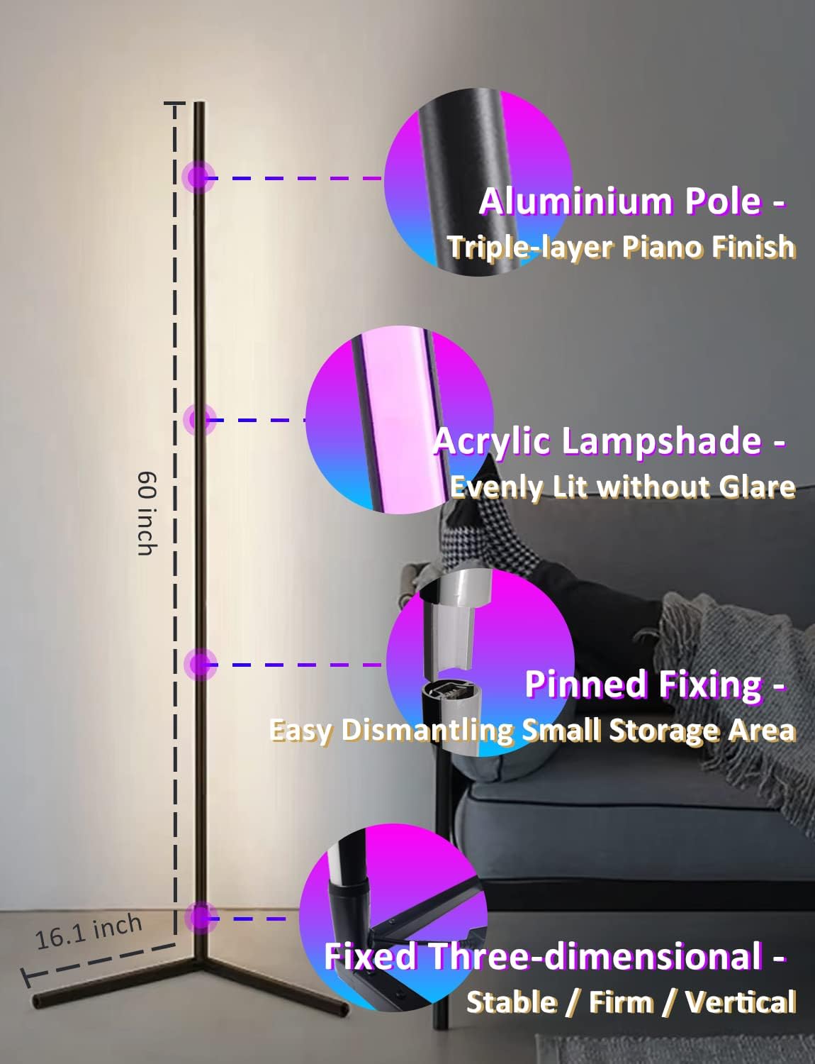 Corner Floor Lamp,60” Smart RGB LED Corner Lamp with App and Remote Control, Color Changing Ambience Light with Music Sync, Easy to Install, Led Floor Lamp for Living Room Bedroom Gaming Room