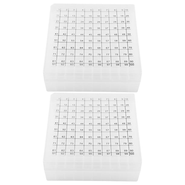 2 cajas de congelación de laboratorio con tapa, 100 ranuras para tubos de 1,8/2/5/10 ml, contenedor de almacenamiento criogénico de plástico para soporte de tubos de plástico de laboratorio