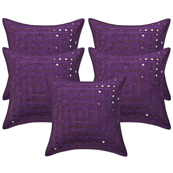 Stylo Culture Indian Decorative Throw Pillow Covers 16 x 16 Embroidered Mirror Lace Purple Bohemian 40x40 cm Bed Room Cotton Geometric Square Cushion Covers | Set Of 5