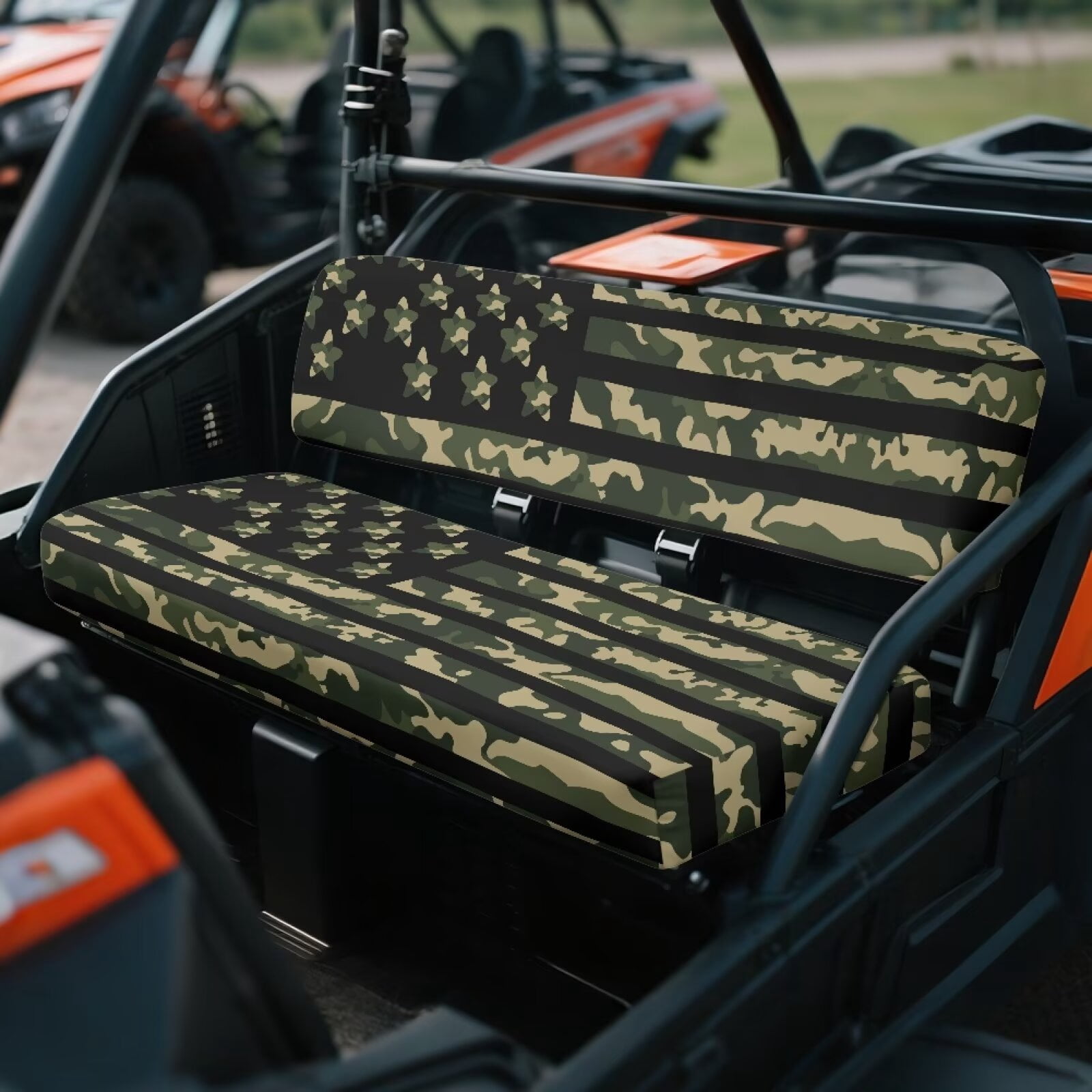 Binienty American Flag Green Camo UTV Bench Seat Covers Compatible With Kawasaki Mule 300 3010 3020 4000 4010 2001-2023 2025, Breathable Non-Slip Polyester UTV Seat Cover Set