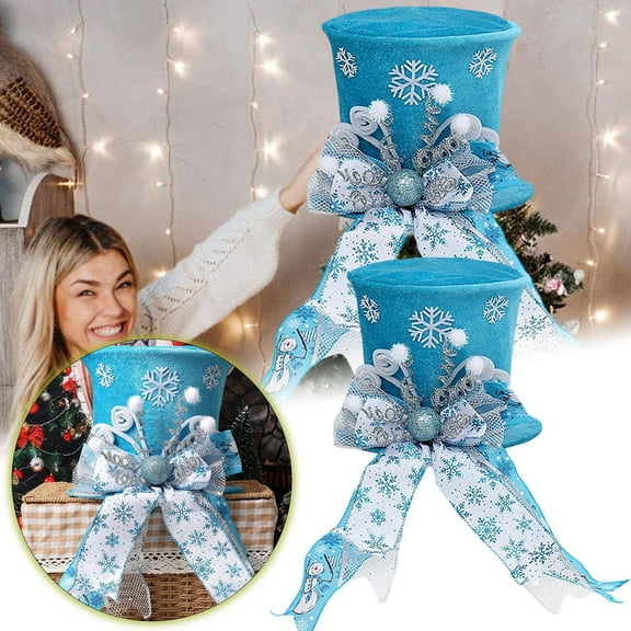 BKER Merry Christmas Tree Topper Whimsical Top Hat with Bows Xmas Tree Ornament Winter Holidays Home Decoration Wreath Attachment Festive Gift Ideas Supplies