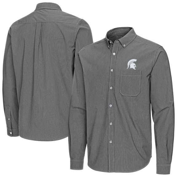 Men's Antigua Black Michigan State Spartans Porter Woven Tri-Blend Long Sleeve Button-Down Shirt