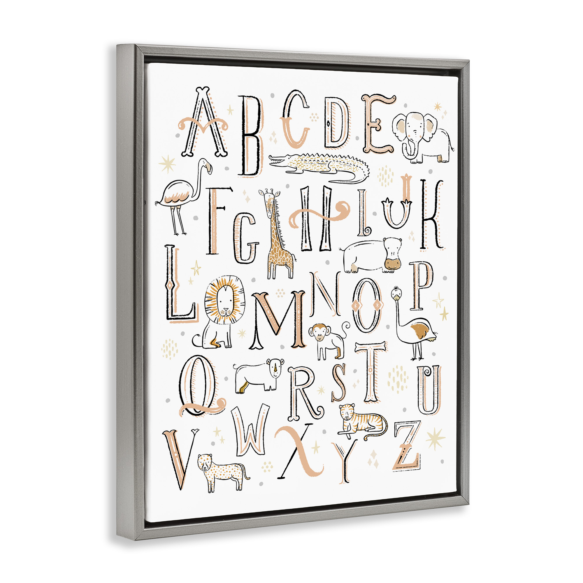 Stupell Industries Nursery Animal Alphabet Chart Art for Kids Painting Gray Floater Framed Canvas Art Print Wall Art, 17 x 21