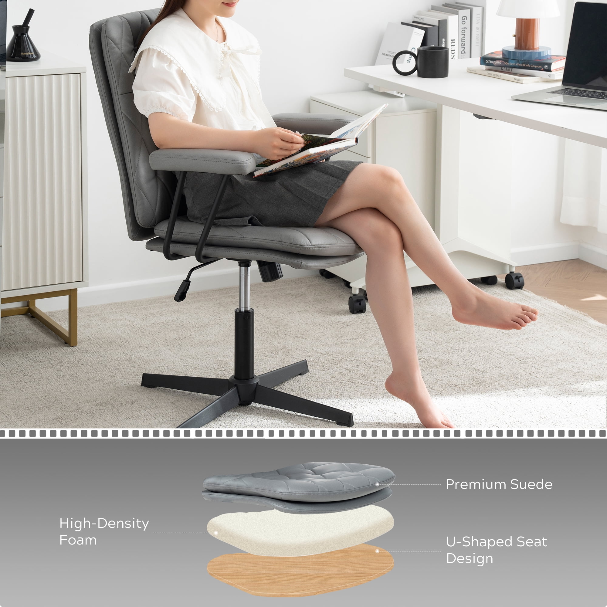 EYYTHUNG Home Desk Chair with Arms, Adjustable Stationary Ergonomic Office Swivel Working Computer Chair with Soft Cushion No Wheels, Grey