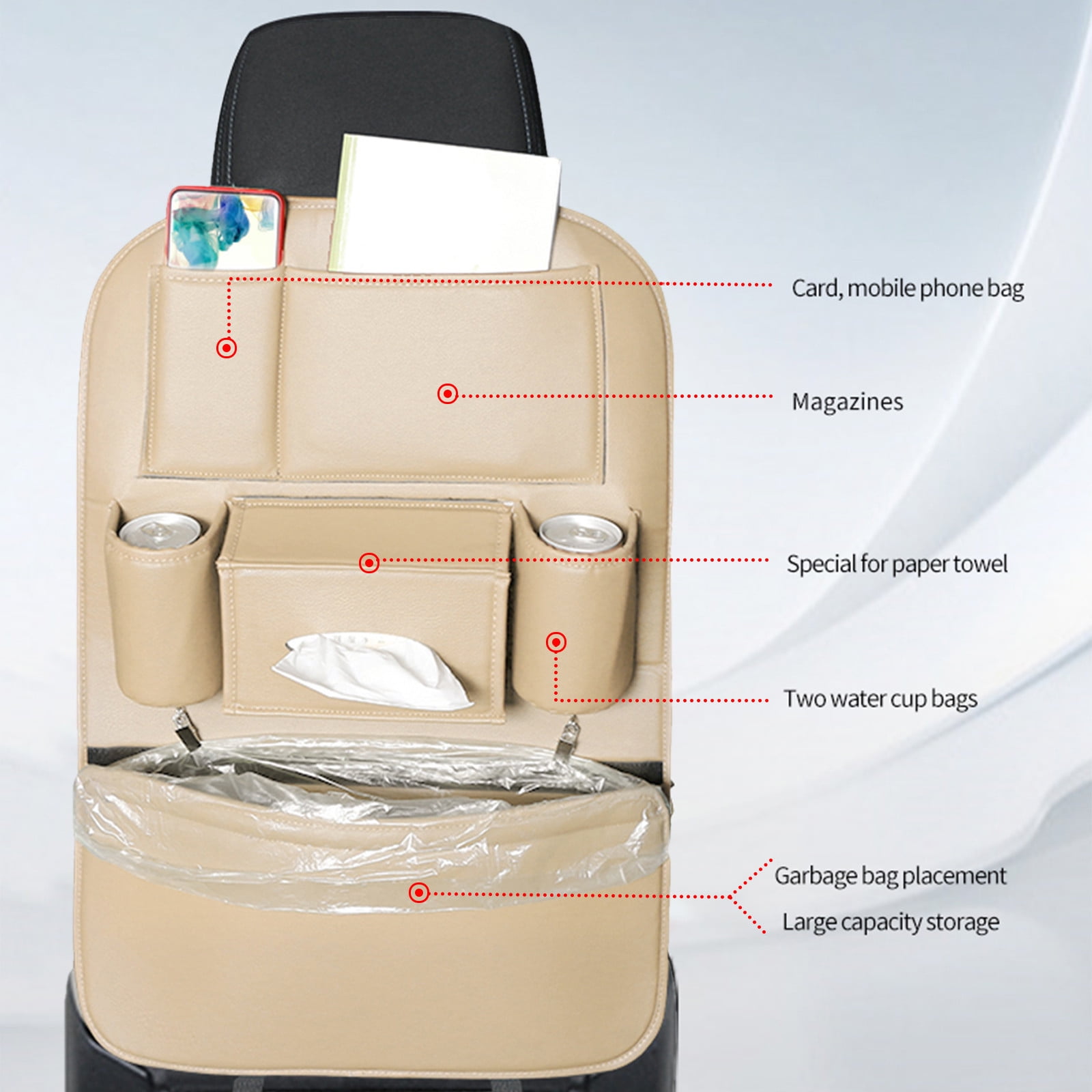 LSLJS Car Seat Organizers, PU Leather Backseat Protector with 5 Storage Pocket & Garbage Bag, Waterproof Car Rear Hanging Storage Shelf Back Seat Storage Bag Kick Mats Universal Interior Accessories