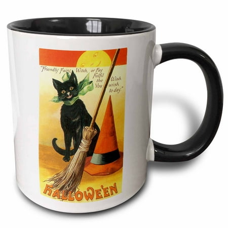 3dRose Vintage Halloween Black Cat Broom and Witchs Hat - Two Tone Black Mug, 11-ounce