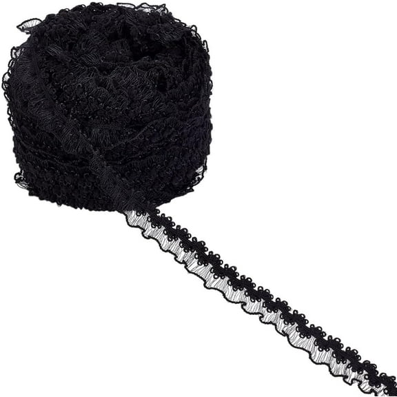 20 Yards Elastic Ruffle Lace Trim Black Stretch Lace Ribbon Woven Ruffle Edge Trim for Sewing Crafts Dress Clothes Decoration and Gift Wrapping Black
