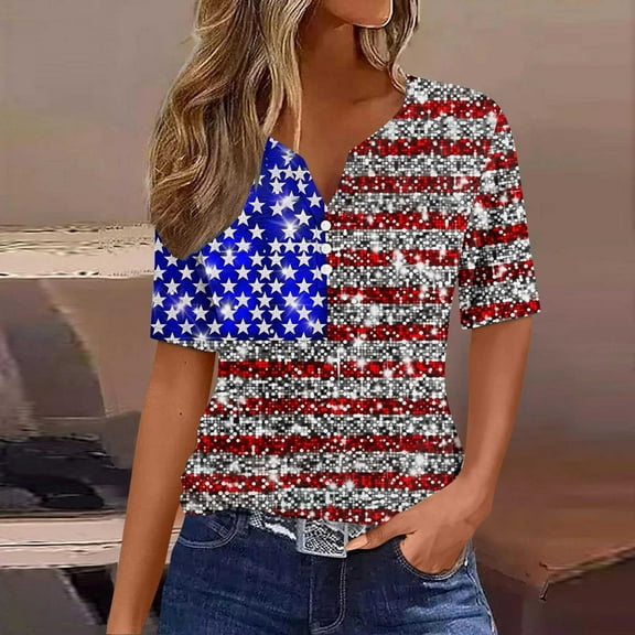 UVEASISHA Sequin Printed Tops for Women Short Sleeve American Flag Henley Shirt USA Independence Day Patriotic Tshirt Multicolor XXL