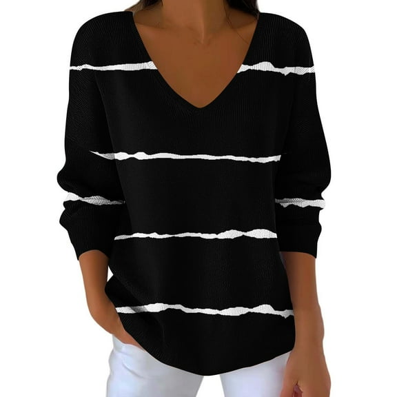 ZUKMRJPC Women's Plus Size Striped T-Shirts Long Sleeve V-Neck Casual Loose Fit Pullover Tops Fall Fashion Soft Comfy Basic Tee Shirts