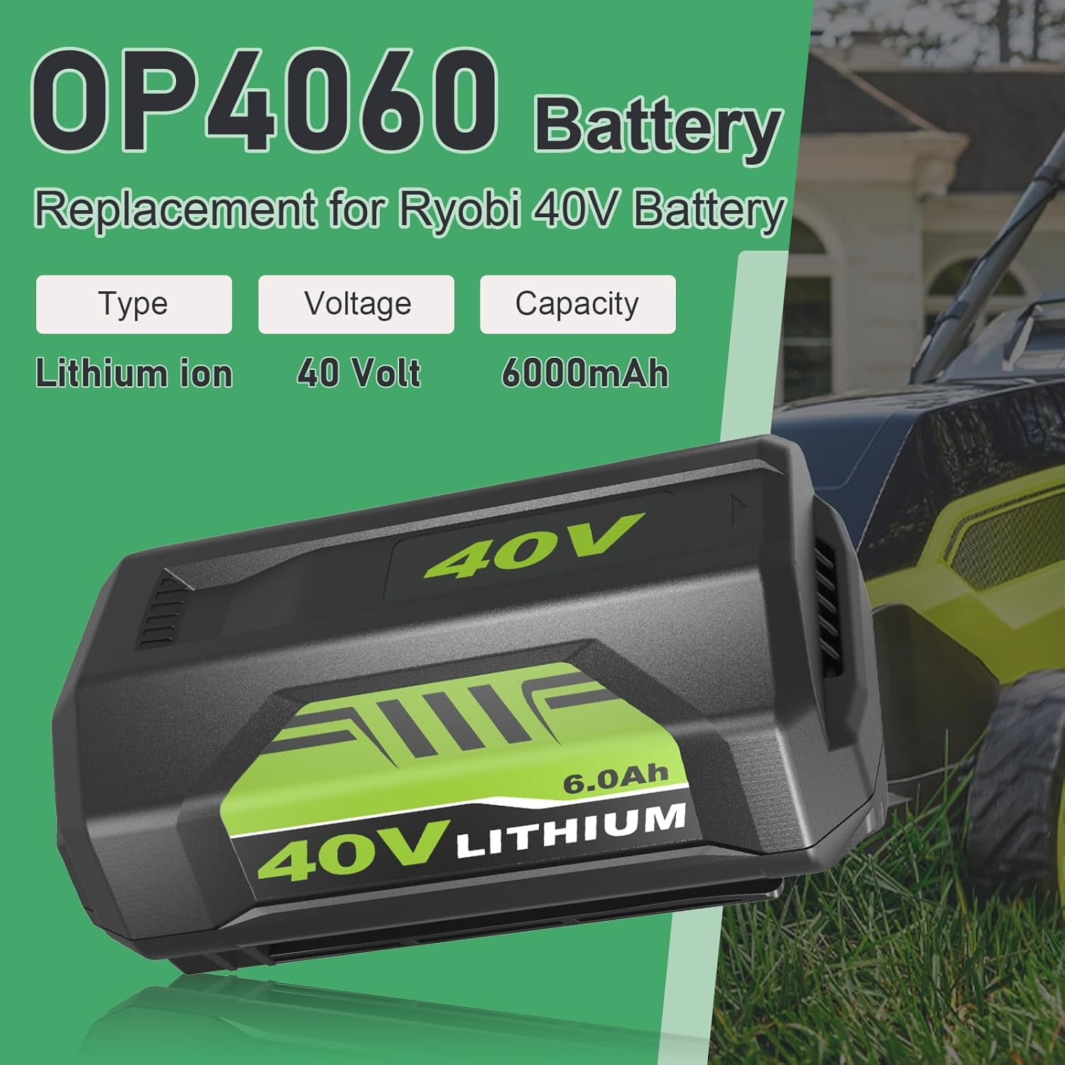 2-Pack 6000mAh 40 Volt OP4060 Replacement for Ryobi 40V Battery 6.0Ah Compatible with Ryobi 40 Volt Lithium Battery OP40602 OP40601 OP4060A1 OP4026A OP4075A