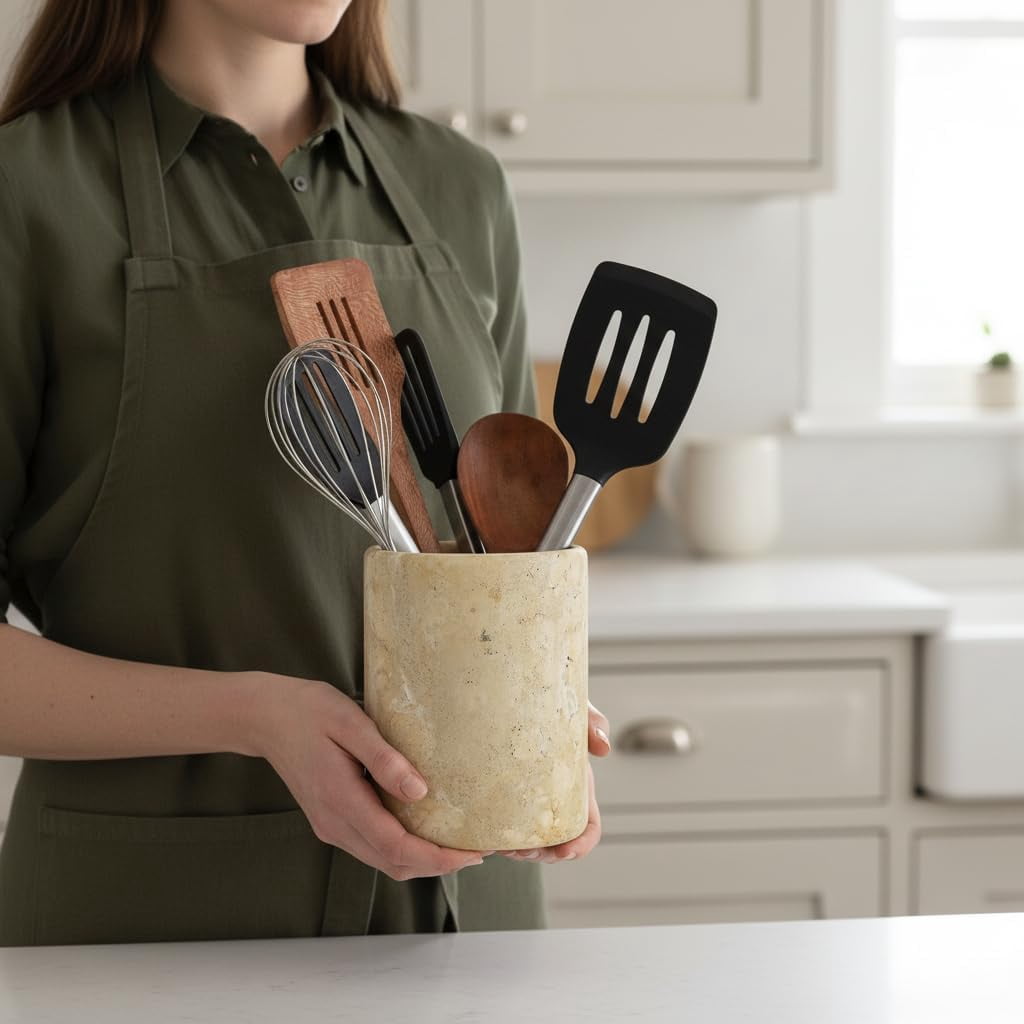 Radicaln Travertine Marble Utensil Holder 6.5" Beige Handmade Kitchen Utensil Organizer – Elegant Cooking Utensil Holder and Spoon Holder for Countertop, Durable Utensil Caddy & Modern Kitchen Décor