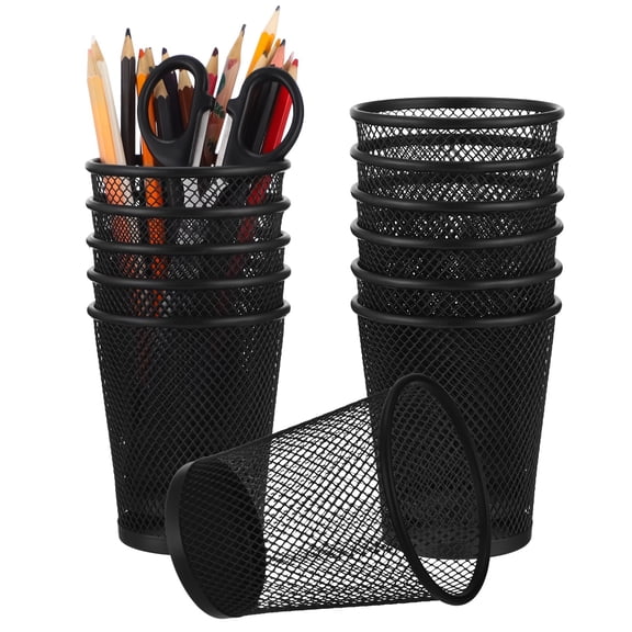 12 Pcs Black Pen Holders, Mesh Desk Organizers, Metal Wire Pencil Holders, Small Conical Pen Pots, Stationary Supplies Storage for Home, Office