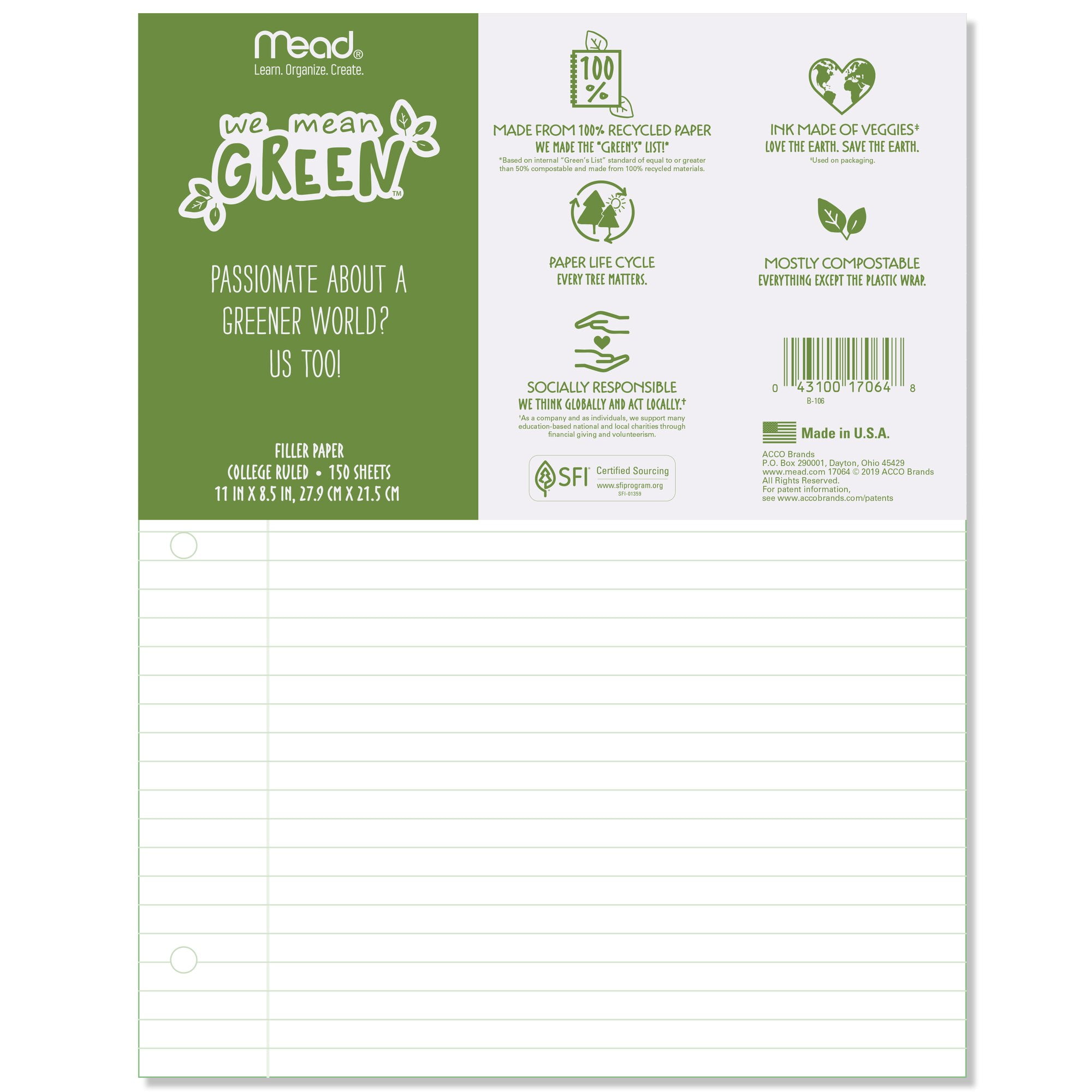 Mead We Mean Green Filler Paper College Ruled 11 x 8 12 150 SheetsPack - Filler