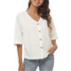 thumbnail image 1 of Camisas de lino para mujer, blusa con cuello en V y manga corta con botones en la parte delantera, versión suelta de Color puro, color blanco XXL, 1 of 5
