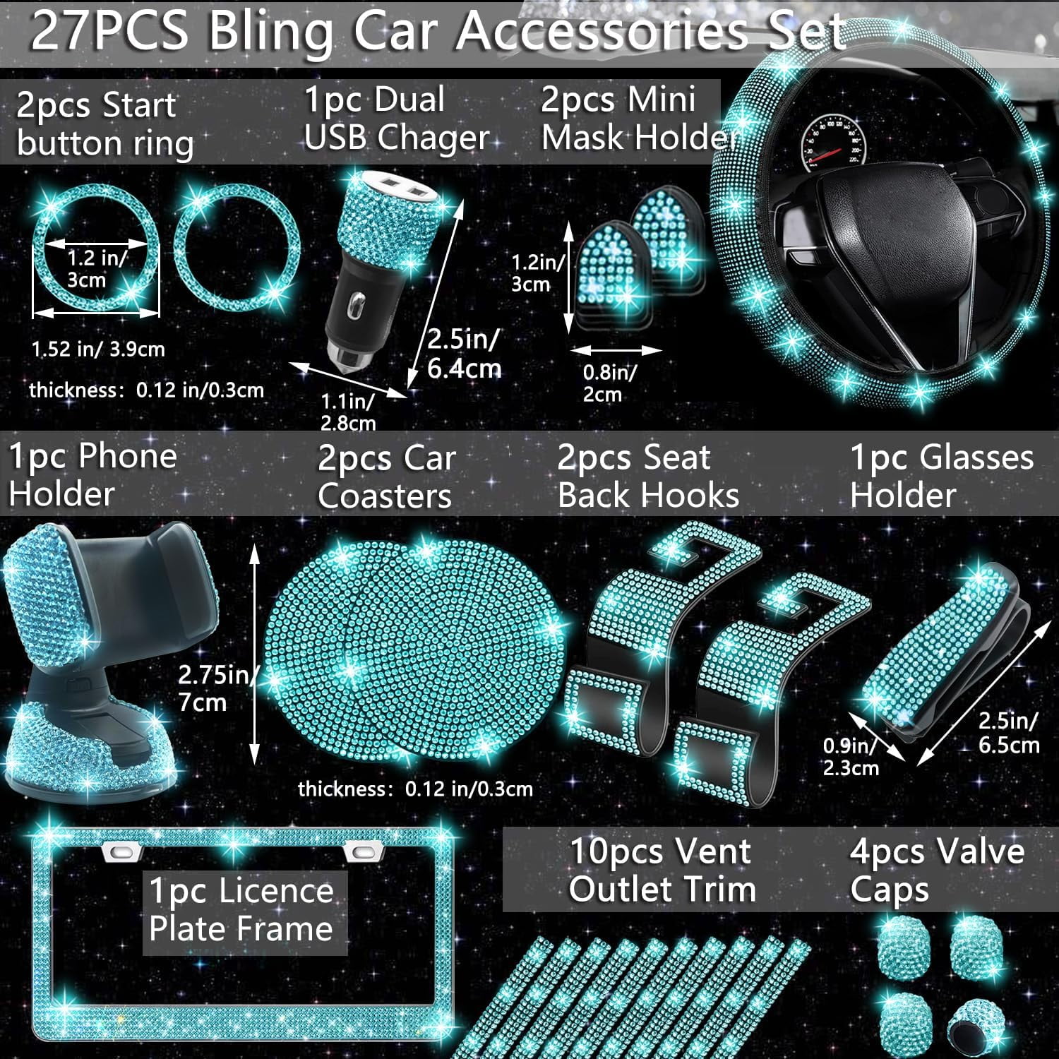 27 PCs Aquamrine Bling Car Accessories Set for Women, Steering Wheel Covers Universal Fit 15 Inch, Bling License Plate Frame, Bling Phone Holder, Bling Car Coasters (Aquamrine Diamond)