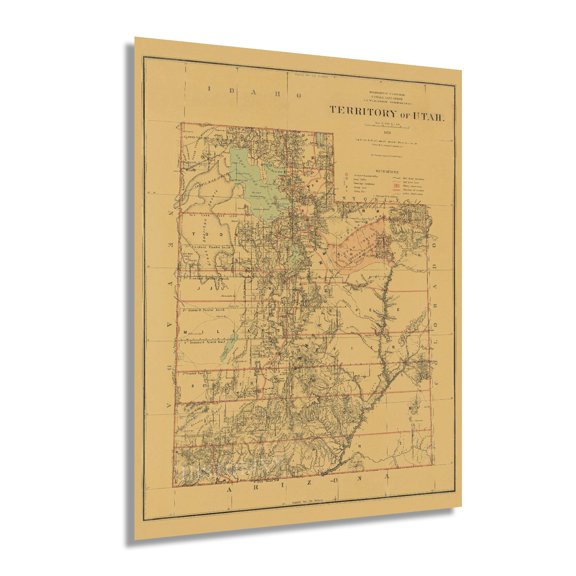 1879 Utah State Map - Utah State Vintage Map Wall Art - Old Historic Map of Utah Poster Showing Towns Counties Indian Reservations and Natural Features