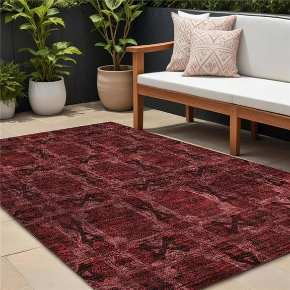 HomeRoots 563401 9 x 12 ft. Burgundy & Black Floral Medallion Washable Non Skid Indoor Outdoor Rectangle Machine Woven Area Rug