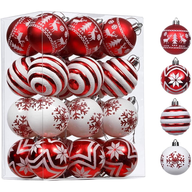 24 bolas navideñas tradicionales de 60 mm en rojo y blanco, irrompibles para decorar el árbol de Navidad