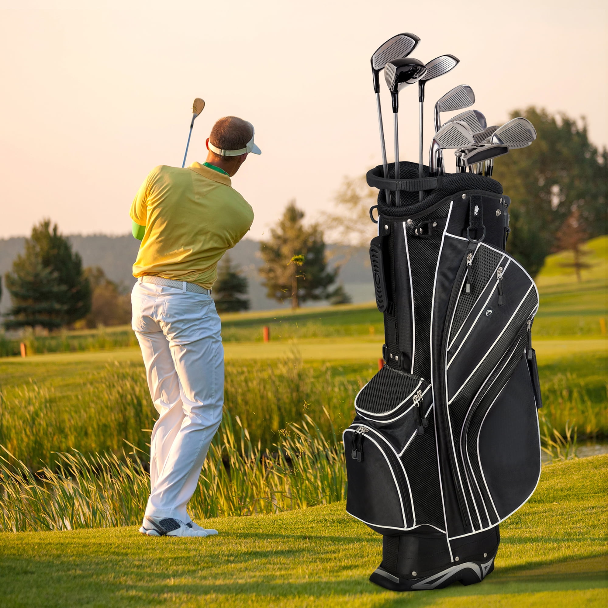 Gymax Golf Stand Bag 6 Way Divider Golf Carry Bag w/ Straps & 7 Storage Pockets Black