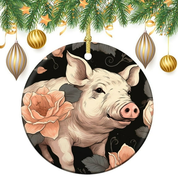 Ornament Vintage Pig Stocking Name Tags Oil Painting Lovely Animal Pink Pig for Boys Girls Round Ceramic Christmas Decoration Gifts Keepsake for Family