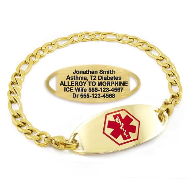 MedicEngraved Yellow Gold Stainless Steel Custom Medical Alert Bracelet - 5mm Figaro Link