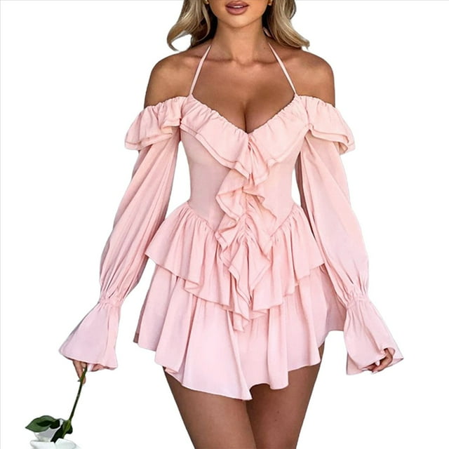 Vestido Midi para Mujer, Disfraz de Halloween, con Hombros Descubiertos, Estilo Hada Mariposa, para Fiesta de Cosplay, con Pañuelo Rosa M